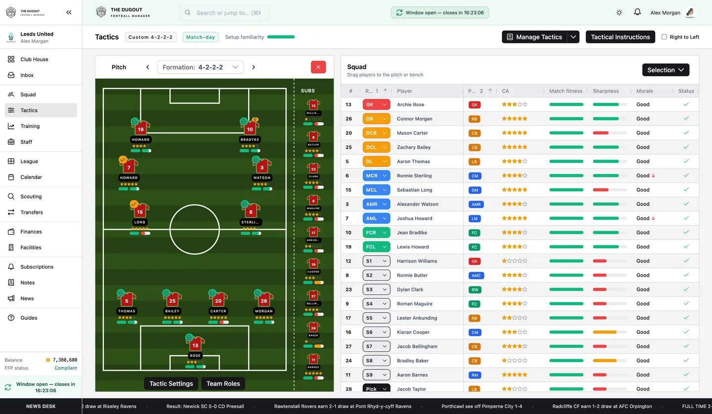 Tactics screen with formation, lineup, and tactical instructions
